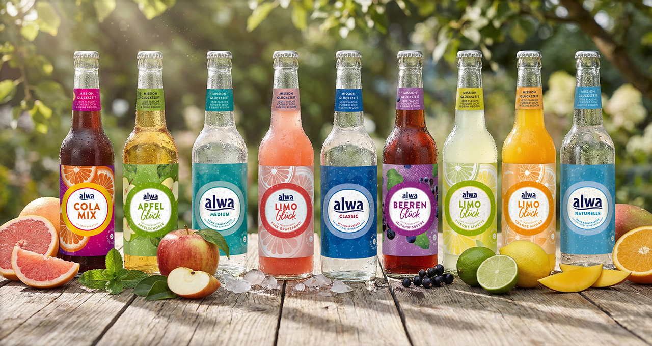 alwa Longneck Flaschen stehen auf einem Holztisch im Garten